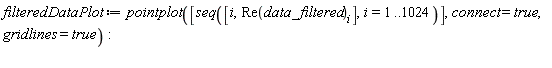 filteredDataPlot := pointplot([seq([i, Re(data_filtered)[i]], i = 1 .. 1024)], connect = true, gridlines = true):