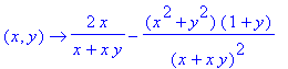 proc (x, y) options operator, arrow; 2*x/(x+x*y)-(x^2+y^2)/(x+x*y)^2*(1+y) end proc