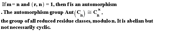 " If m=n and (r,n)=1, then f is an automorphism. The automorphism group Aut(C[n])&cong;C[n]^(*),the group of all reduced residue classes, modulo n. It is abelian but not necessarily cyclic. "