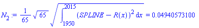 N[2] := (1/65)*(65^(1/2)*(Int((SPLINE-R(x))^2, x = 1950 .. 2015))^(1/2)) = 0.4940573100e-1