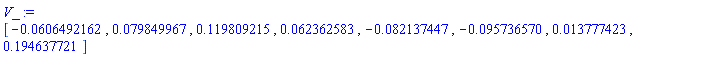 V_ := Vector[row](8, {(1) = -0.606492162e-1, (2) = 0.79849967e-1, (3) = .119809215, (4) = 0.62362583e-1, (5) = -0.82137447e-1, (6) = -0.95736570e-1, (7) = 0.13777423e-1, (8) = .194637721})
