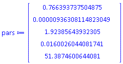 pars := Vector(5, {(1) = .7663937375048753, (2) = 0.936308114823049e-5, (3) = 1.923856439323053, (4) = 0.16002604408174137e-1, (5) = 51.387460064408074}, datatype = float[8])