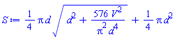(1/4)*Pi*d*(d^2+576*V^2/(Pi^2*d^4))^(1/2)+(1/4)*Pi*d^2
