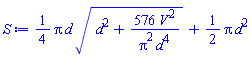 (1/4)*Pi*d*(d^2+576*V^2/(Pi^2*d^4))^(1/2)+(1/2)*Pi*d^2