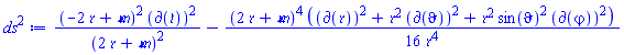 (-2*`&rfr;`+`&mfr;`)^2*Physics:-d_(`&tfr;`)^2/(2*`&rfr;`+`&mfr;`)^2-(1/16)*(2*`&rfr;`+`&mfr;`)^4*(Physics:-d_(`&rfr;`)^2+`&rfr;`^2*Physics:-d_(vartheta)^2+`&rfr;`^2*sin(vartheta)^2*Physics:-d_(varphi)^2)/`&rfr;`^4