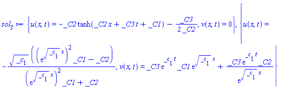 {u(x, t) = -_C2*tanh(_C2*x+_C3*t+_C1)-(1/2)*_C3/_C2, v(x, t) = 0}, {u(x, t) = -_c[1]^(1/2)*((exp(_c[1]^(1/2)*x))^2*_C1-_C2)/((exp(_c[1]^(1/2)*x))^2*_C1+_C2), v(x, t) = _C3*exp(_c[1]*t)*_C1*exp(_c[1]^(1/2)*x)+_C3*exp(_c[1]*t)*_C2/exp(_c[1]^(1/2)*x)}
