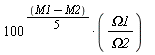 100^((M1-M2)*(1/5))*Omega1/Omega2