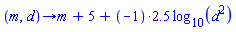 proc (m, d) options operator, arrow; m+5+(-1)*2.5*log[10](d^2) end proc