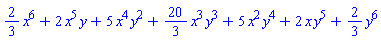 (2/3)*x^6+2*x^5*y+5*x^4*y^2+(20/3)*x^3*y^3+5*x^2*y^4+2*x*y^5+(2/3)*y^6
