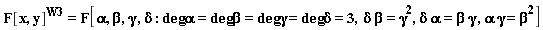 "F[x,y]^(W3)=F[alpha, beta,gamma ,delta : degalpha=degbeta=deggamma=degdelta=3,  delta beta=gamma^2,delta alpha=beta gamma ,alpha gamma=beta^2]"