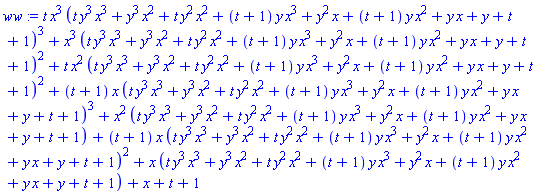 t*x^3*(t*y^3*x^3+y^3*x^2+t*y^2*x^2+(t+1)*y*x^3+y^2*x+(t+1)*y*x^2+y*x+y+t+1)^3+x^3*(t*y^3*x^3+y^3*x^2+t*y^2*x^2+(t+1)*y*x^3+y^2*x+(t+1)*y*x^2+y*x+y+t+1)^2+t*x^2*(t*y^3*x^3+y^3*x^2+t*y^2*x^2+(t+1)*y*x^3+y^2*x+(t+1)*y*x^2+y*x+y+t+1)^2+(t+1)*x*(t*y^3*x^3+y^3*x^2+t*y^2*x^2+(t+1)*y*x^3+y^2*x+(t+1)*y*x^2+y*x+y+t+1)^3+x^2*(t*y^3*x^3+y^3*x^2+t*y^2*x^2+(t+1)*y*x^3+y^2*x+(t+1)*y*x^2+y*x+y+t+1)+(t+1)*x*(t*y^3*x^3+y^3*x^2+t*y^2*x^2+(t+1)*y*x^3+y^2*x+(t+1)*y*x^2+y*x+y+t+1)^2+x*(t*y^3*x^3+y^3*x^2+t*y^2*x^2+(t+1)*y*x^3+y^2*x+(t+1)*y*x^2+y*x+y+t+1)+x+t+1