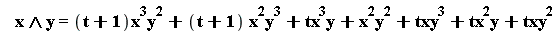 x and y = (t+1)*x^3*y^2+(t+1)*x^2*y^3+tx^3*y+x^2*y^2+txy^3+tx^2*y+txy^2