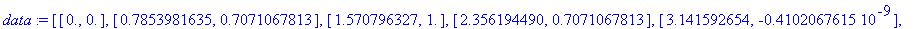 data := [[0., 0.], [.7853981635, .7071067813], [1.570796327, 1.], [2.356194490, .7071067813], [3.141592654, -.4102067615e-9], [3.926990818, -.7071067819]]