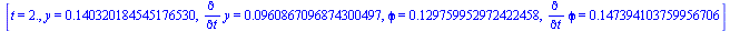 [t = 2., y = .140320184545176530, diff(y, t) = 0.960867096874300497e-1, phi = .129759952972422458, diff(phi, t) = .147394103759956706]