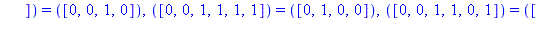 TABLE([([1, 1, 0, 0, 1, 0]) = ([0, 1, 1, 0]), ([0, 1, 0, 1, 1, 0]) = ([1, 1, 1, 0]), ([0, 0, 1, 1, 1, 0]) = ([0, 0, 0, 1]), ([1, 0, 1, 1, 0, 1]) = ([1, 0, 0, 0]), ([1, 0, 0, 0, 1, 0]) = ([1, 0, 1, 1])...
