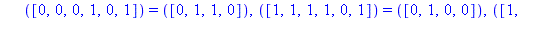 TABLE([([1, 1, 0, 0, 1, 0]) = ([1, 1, 1, 1]), ([0, 1, 0, 1, 1, 0]) = ([0, 0, 0, 0]), ([0, 0, 1, 1, 1, 0]) = ([0, 1, 1, 1]), ([1, 0, 1, 1, 0, 1]) = ([1, 1, 0, 1]), ([1, 0, 0, 0, 1, 0]) = ([0, 1, 1, 1])...