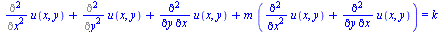 `+`(Diff(u(x, y), x, x), Diff(u(x, y), y, y), diff(diff(u(x, y), x), y), `*`(m, `*`(`+`(diff(diff(u(x, y), x), x), diff(diff(u(x, y), x), y))))) = k