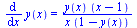 diff(y(x), x) = `/`(`*`(y(x), `*`(`+`(x, `-`(1)))), `*`(x, `*`(`+`(1, `-`(y(x))))))