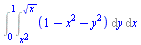 Int(Int(`+`(1, `-`(`*`(`^`(x, 2))), `-`(`*`(`^`(y, 2)))), y = `*`(`^`(x, 2)) .. `*`(`^`(x, `/`(1, 2)))), x = 0 .. 1)