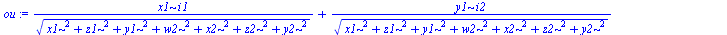 `+`(`/`(`*`(x1, `*`(i1)), `*`(`^`(`+`(`*`(`^`(x1, 2)), `*`(`^`(z1, 2)), `*`(`^`(y1, 2)), `*`(`^`(w2, 2)), `*`(`^`(x2, 2)), `*`(`^`(z2, 2)), `*`(`^`(y2, 2))), `/`(1, 2)))), `/`(`*`(y1, `*`(i2)), `*`(`^...