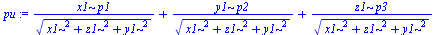 `+`(`/`(`*`(x1, `*`(p1)), `*`(`^`(`+`(`*`(`^`(x1, 2)), `*`(`^`(z1, 2)), `*`(`^`(y1, 2))), `/`(1, 2)))), `/`(`*`(y1, `*`(p2)), `*`(`^`(`+`(`*`(`^`(x1, 2)), `*`(`^`(z1, 2)), `*`(`^`(y1, 2))), `/`(1, 2))...
