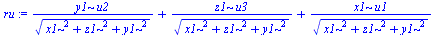 `+`(`/`(`*`(y1, `*`(u2)), `*`(`^`(`+`(`*`(`^`(x1, 2)), `*`(`^`(z1, 2)), `*`(`^`(y1, 2))), `/`(1, 2)))), `/`(`*`(z1, `*`(u3)), `*`(`^`(`+`(`*`(`^`(x1, 2)), `*`(`^`(z1, 2)), `*`(`^`(y1, 2))), `/`(1, 2))...