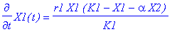 diff(X1(t),t) = r1*X1*(K1-X1-alpha*X2)/K1