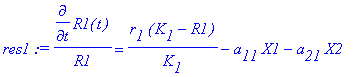 res1 := diff(R1(t),t)/R1 = r[1]*(K[1]-R1)/K[1]-a[11...