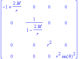 matrix([[-1+2*M/r, 0, 0, 0], [0, 1/(1-2*M/r), 0, 0]...