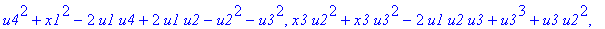 sol := {[[2*x4*u1*u4-2*x4*u1*u2+u2^2*x4+x4*u3^2-2*u1*u2*u4+u2^2*u4+u4*u3^2, u2^2*x2+u3^2*x2-2*u1*u2^2+u2*u3^2+u2^3, u4^2+x1^2-2*u1*u4+2*u1*u2-u2^2-u3^2, x3*u2^2+x3*u3^2-2*u1*u2*u3+u3^3+u3*u2^2, 2*u4*x5...