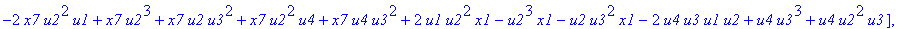 sol := {[[2*x4*u1*u4-2*x4*u1*u2+u2^2*x4+x4*u3^2-2*u1*u2*u4+u2^2*u4+u4*u3^2, u2^2*x2+u3^2*x2-2*u1*u2^2+u2*u3^2+u2^3, u4^2+x1^2-2*u1*u4+2*u1*u2-u2^2-u3^2, x3*u2^2+x3*u3^2-2*u1*u2*u3+u3^3+u3*u2^2, 2*u4*x5...