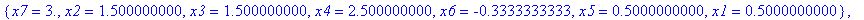 sol := [{x2 = -.5000000000, x4 = 2.500000000, x6 = -.3333333333, x5 = .5000000000, x3 = -.5000000000, x1 = .5000000000, x7 = -.3333333333}, {x6 = -3., x4 = -.5769230769, x5 = -.1153846154, x2 = -.50000...