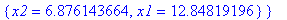 sol := {{x1 = 5.637089412, x2 = -10.53299791}, {x1 = 4.362910588, x2 = 2.334958887}, {x2 = 5.321895363, x1 = -2.848191963}, {x2 = 6.876143664, x1 = 12.84819196}}