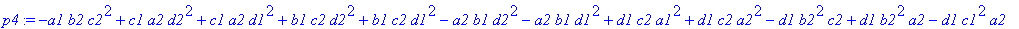 p4 := -a1*b2*c2^2+c1*a2*d2^2+c1*a2*d1^2+b1*c2*d2^2+b1*c2*d1^2-a2*b1*d2^2-a2*b1*d1^2+d1*c2*a1^2+d1*c2*a2^2-d1*b2^2*c2+d1*b2^2*a2-d1*c1^2*a2-d1*c2^2*a2-d1*b2*a1^2+d1*b2*c1^2+d1*b2*c2^2-d1*b2*a2^2+a1*b2*d...