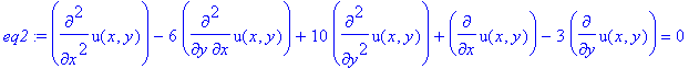 eq2 := diff(u(x,y),`$`(x,2))-6*diff(u(x,y),x,y)+10*diff(u(x,y),`$`(y,2))+diff(u(x,y),x)-3*diff(u(x,y),y) = 0