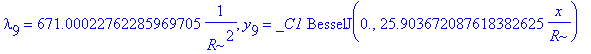 lambda[9] = 671.00022762285969705*1/(R^2), y[9] = _C1*BesselJ(0.,25.903672087618382625/R*x)