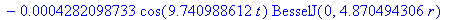 sol := .1385027827*cos(.9619302232*t)*BesselJ(0,.4809651116*r)-.1747218817e-1*cos(2.208031244*t)*BesselJ(0,1.104015622*r)+.5684558837e-2*cos(3.461491165*t)*BesselJ(0,1.730745583*r)-.2623862777e-2*cos(4...