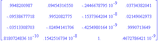 matrix([[.9948200987, .9454316550e-1, -.2446678795e...