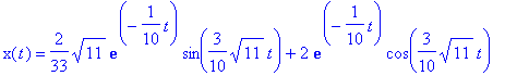 x(t) = 2/33*sqrt(11)*exp(-1/10*t)*sin(3/10*sqrt(11)...