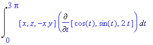 Int([x, z, -x*y]*Diff([cos(t), sin(t), 2*t],t),t = ...