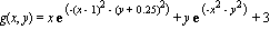 g(x, y) = x*exp(-(x-1)^2-(y+.25)^2)+y*exp(-x^2-y^2)+3