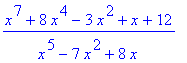 (x^7+8*x^4-3*x^2+x+12)/(x^5-7*x^2+8*x)