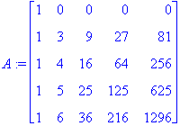 A := matrix([[1, 0, 0, 0, 0], [1, 3, 9, 27, 81], [1...