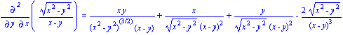 Diff((x^2-y^2)^(1/2)/(x-y), x, y) = x*y/((x^2-y^2)^(3/2)*(x-y))+x/((x^2-y^2)^(1/2)*(x-y)^2)+y/((x^2-y^2)^(1/2)*(x-y)^2)-2*(x^2-y^2)^(1/2)/(x-y)^3