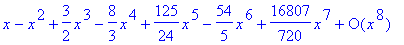 series(1*x-1*x^2+3/2*x^3-8/3*x^4+125/24*x^5-54/5*x^...
