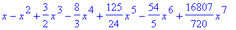 x-x^2+3/2*x^3-8/3*x^4+125/24*x^5-54/5*x^6+16807/720...