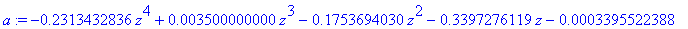 a := -.2313432836*z^4+.3500000000e-2*z^3-.1753694030*z^2-.3397276119*z-.3395522388e-3