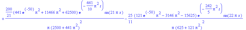 `u(x,t)` = 200*(exp(-50)*Pi^2+26*Pi^2+62500)*exp(-1/10*Pi^2*t)/Pi/(2500+Pi^2)^2*sin(Pi*x)-25*(exp(-50)*Pi^2-26*Pi^2-15625)*exp(-2/5*Pi^2*t)/Pi/(625+Pi^2)^2*sin(2*Pi*x)+200/3*(9*exp(-50)*Pi^2+234*Pi^2+6...
