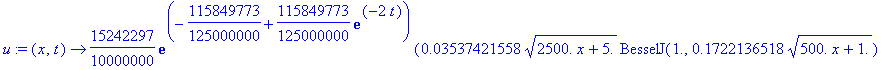 u := proc (x, t) options operator, arrow; 15242297/10000000*exp(-115849773/125000000+115849773/125000000*exp(-2*t))*(.3537421558e-1*sqrt(2500.*x+5.)*BesselJ(1.,.1722136518*sqrt(500.*x+1.))+.7931241384e...