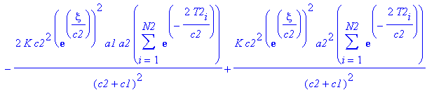 s2 := K*sum(M2[i]^2,i = 1 .. N2)-2*K*a2*sum(M2[i],i = 1 .. N2)-2*K*c2*exp(xi/c2)/(c2+c1)*a1*sum(exp(-T2[i]/c2)*M2[i],i = 1 .. N2)+2*K*c2*exp(xi/c2)/(c2+c1)*a2*sum(exp(-T2[i]/c2)*M2[i],i = 1 .. N2)+K*a2...